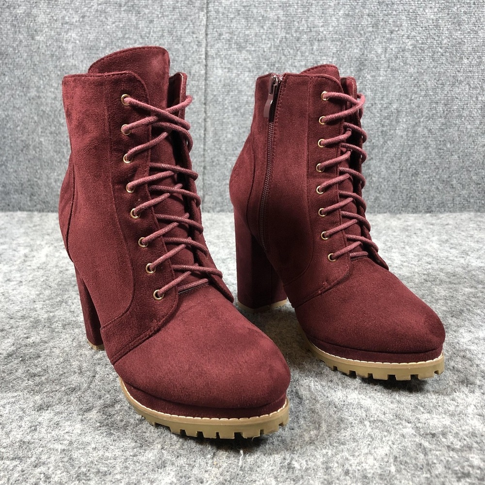 Top Moda Womens 7.5‎ Red Faux Suede Combat Boots Lace Up Lug Sole Heel